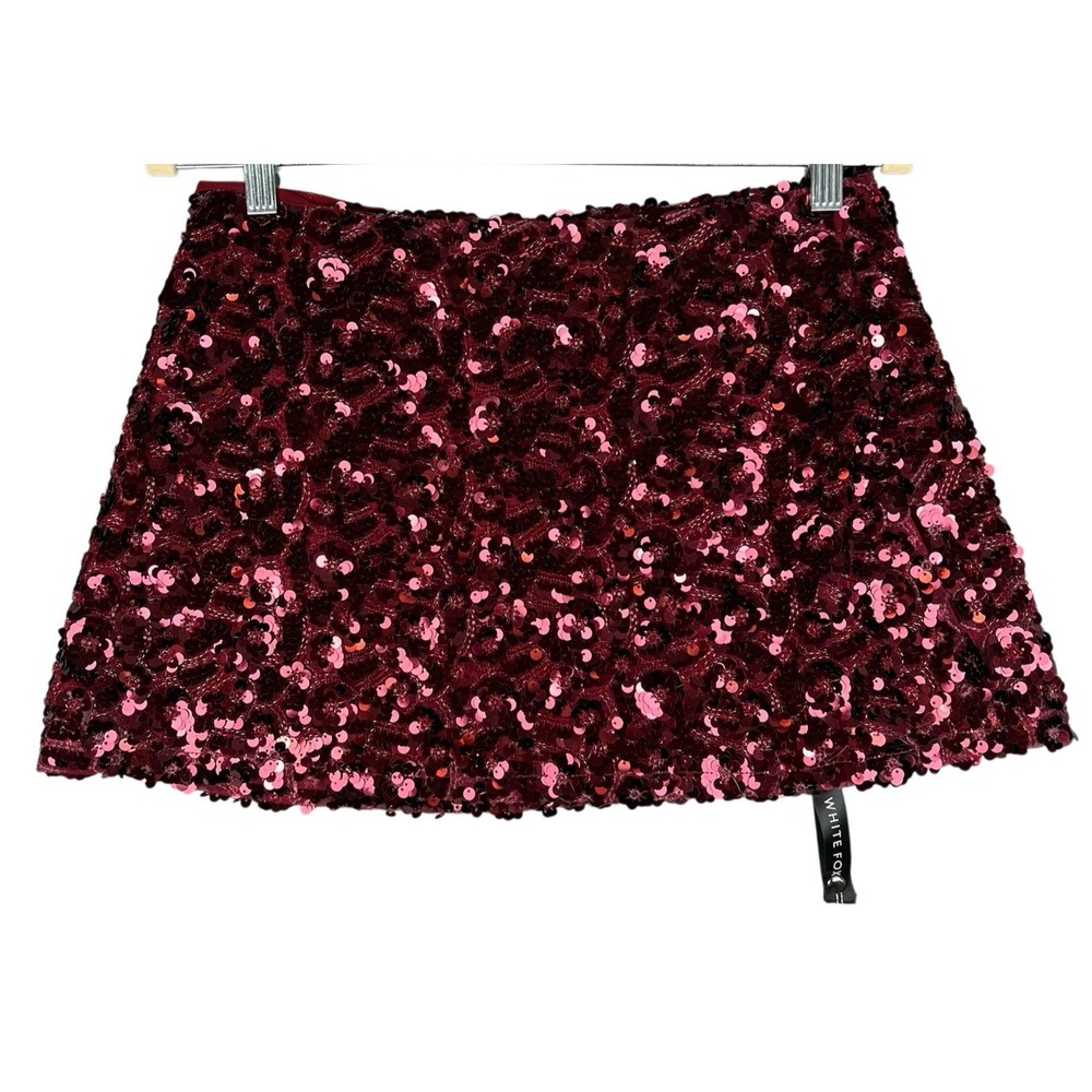 WHITE FOX Sequin Mini Skirt Womens Size Med Wine Color Invisible Side Zipper NWT - Picture 2 of 11